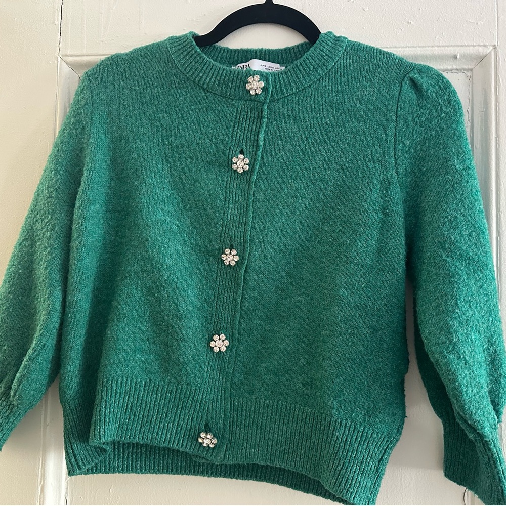 Zara Green Sweater Cardigan with flower gems - Picture 10 of 12